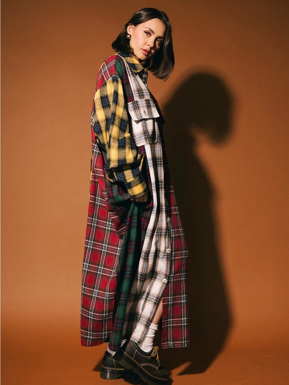 Dressed in LALA Grunge Goddess Flannel in Mixed Patch Plaid - Picture 3 of 8